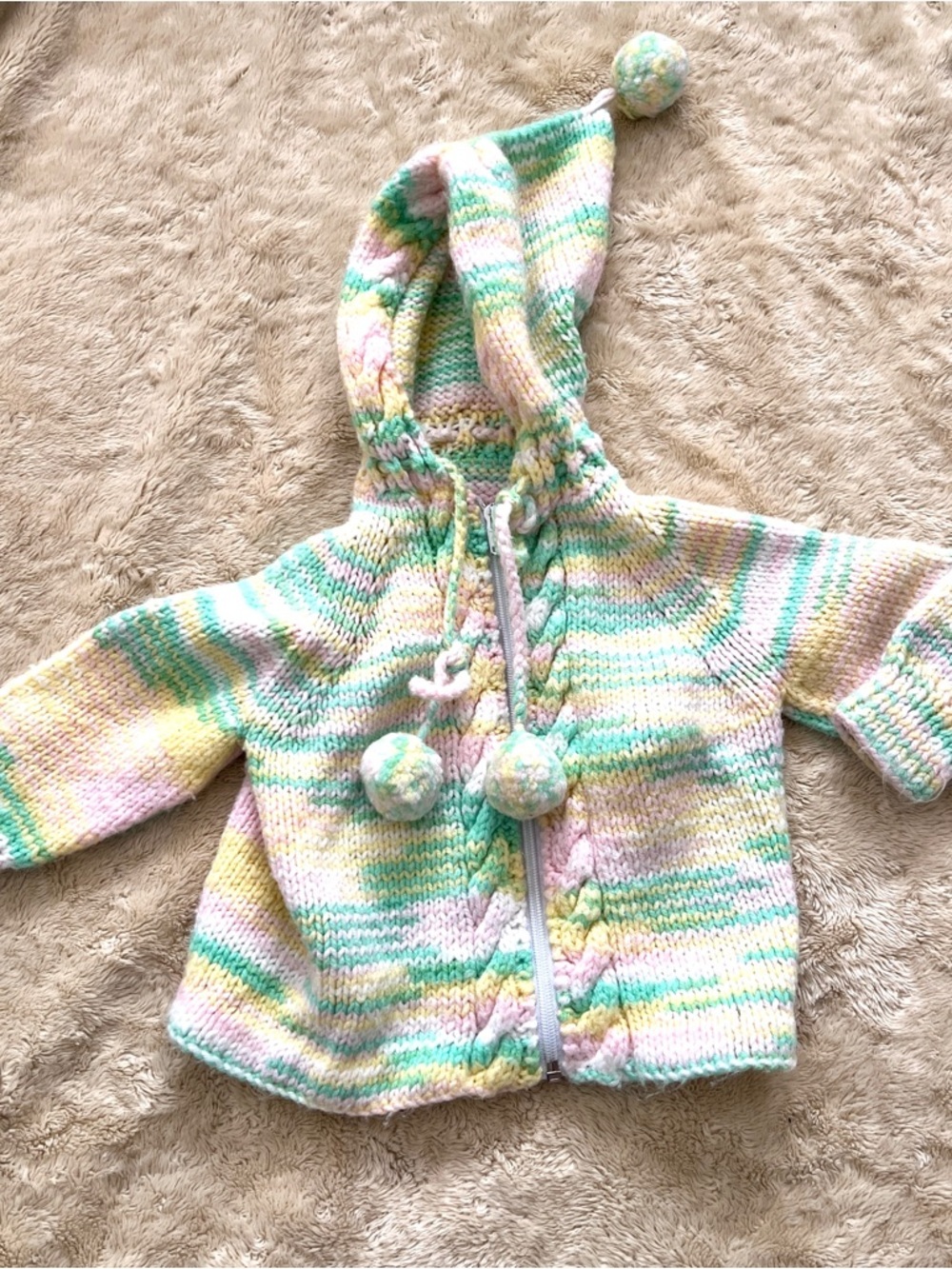 Toddler Hand Knit Colorful Zip Up Hooded Sweater Size 12-18M